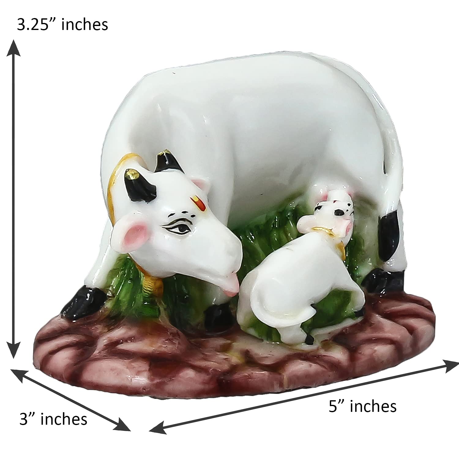 Ecraftindia Colorful Cow And Calf Statue Polyresin Statue (12.5 Cm X 7.5 Cm X 7.5 Cm, White And Green)